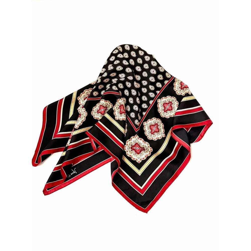 Vera Bradley Silk Scarf Medallion Print Black Red Striped Border Square 26x26"